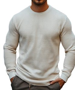 Men's Retro Casual Solid Color Waffle Round Neck Long Sleeve T-Shirt 53998555TO