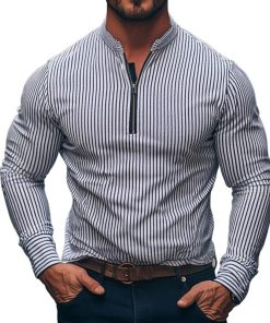 Men's Retro Casual Striped Stand Collar Zipper Long Sleeve T-Shirt 16272752TO