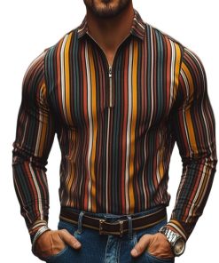 Men's Retro Casual Color Striped Lapel Zipper Long Sleeve T-Shirt 39614168TO