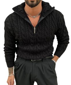 Men's Retro Casual Solid Color Lapel Zipper Sweater 81804876TO